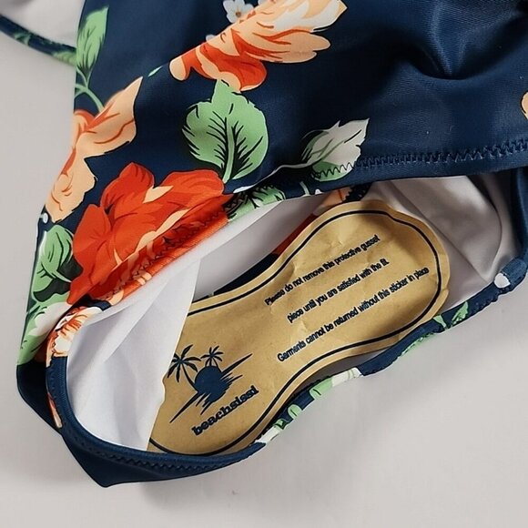 Beachsissi Women's One Piece Halter Neck Cross Front Blue Floral Swimsuit Size M - Picture 7 of 11